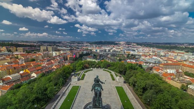 Panoramic view of Prague timelapse from the top of the Vitkov Memorial, Czech Republic