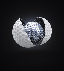 3d silver golf ball breaks the conventional golf ball concept, isolated black background. 3d rendering