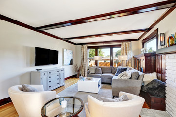 American luxurious living room interior in grey and brown tones