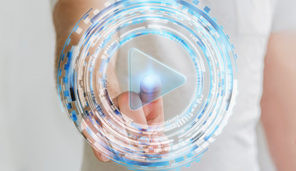 Man touching digital media player with his finger