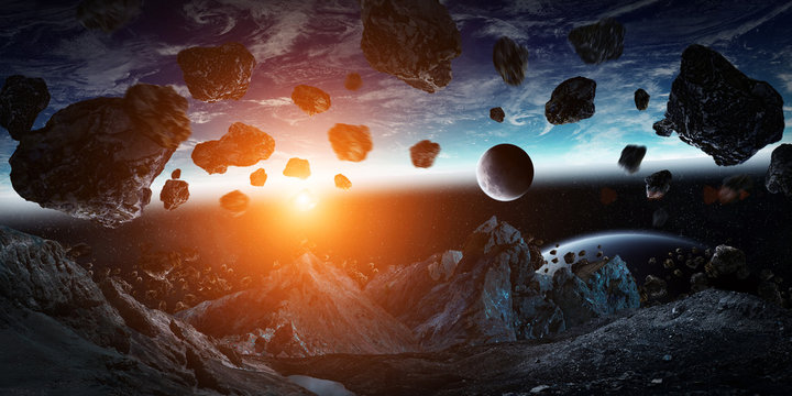 Gigantic asteroids about to crash earth 3D rendering elements of