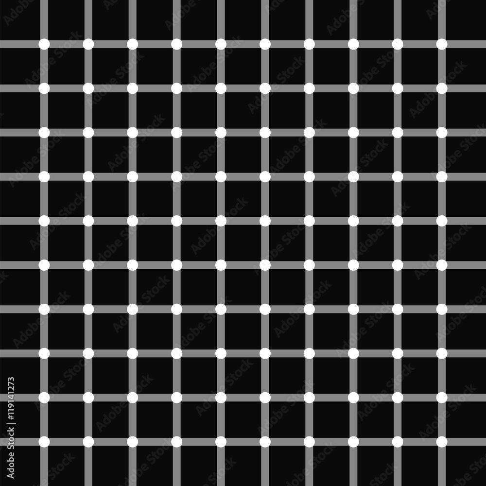 Poster The pattern of intersecting gray lines on a black background, white circles at the intersections of the lines, the illusion of black circles, vector illustration for print or website design.