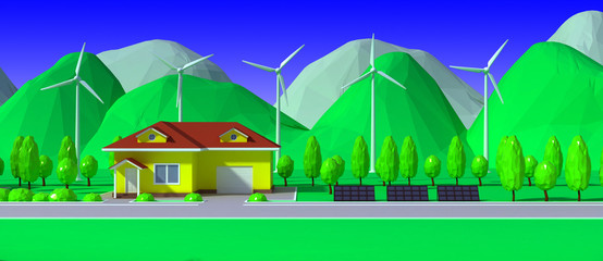 ecological housing with wind power plant and solar panels