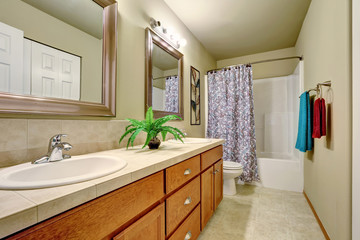 Long double sink bathroom vanity with drawers.