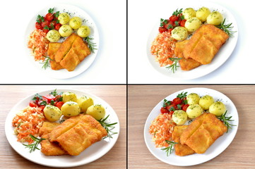 ryba smażona z ziemniakami, surówką i pomidorem - obrazy, fototapety, plakaty