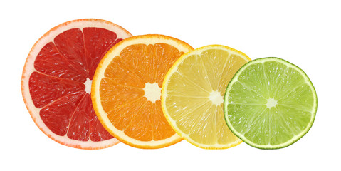 Fototapeta na wymiar cut grapefruit, orange, lemon and lime fruits isolated on white