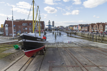 Naklejka premium Schiff in Werft, Nordstrand, Nordsee, Deutschland