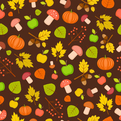autumn seamless texture with pumpkins, leaves, mushrooms and apples