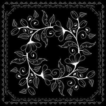 Black and white  bandana print with floral pattern. Square pattern design for pillow, carpet, rug. Design for silk neck scarf, kerchief, hanky