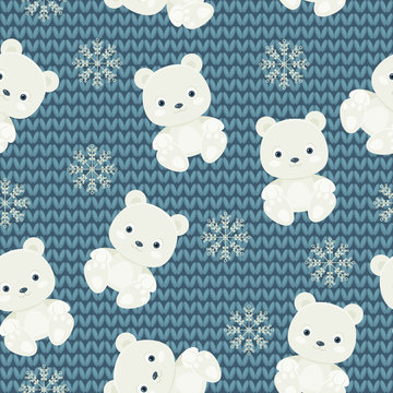 Polar bear and snowflakes over blue knitted background. Seamless