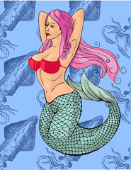 Mermaid vector image, squid horizontally seamless background