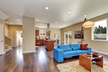 Nicely decorated living room interior with bright blue sofa