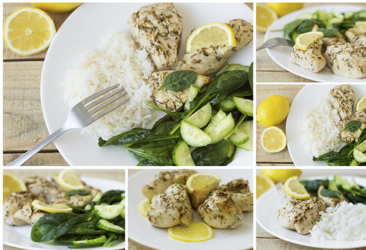 Chicken breast baked with thyme and lemon and served with green vegetables on a white plate. Collage format