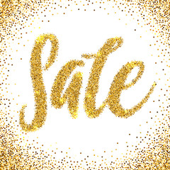 Sale Golden Glitter Text Poster. Gold sale background for flyer, poster, shopping, for sale sign, discount, marketing, selling, banner. Gold sparkles on white background