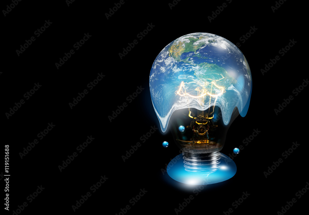 Aufkleber light bulb with global warming isolated on black 