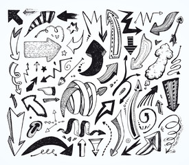 Doodle Arrows, Design Elements, funny cute decorative set. Hand drawn Vector illustration, icons collection, isolated on white.