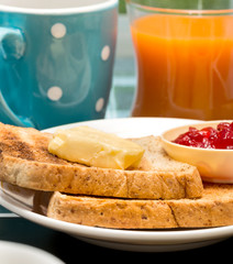 Toast For Breakfast Shows Meal Time And Beverages