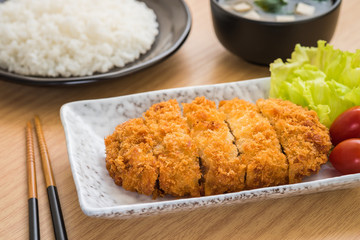 Crispy fried pork with rice and soup, Japanese food