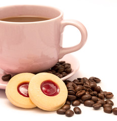 Cup of freshly brewed coffee and some strawberry cookies