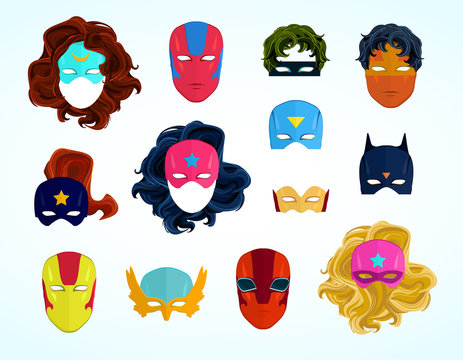 Comic Superhero masks set. Superhero photo props, heroic face characters, woman and man hairs. Hand drawn vector illustration, flat style, isolated on white.
