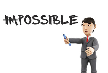 3d Businessman with marker and word impossible turning into poss