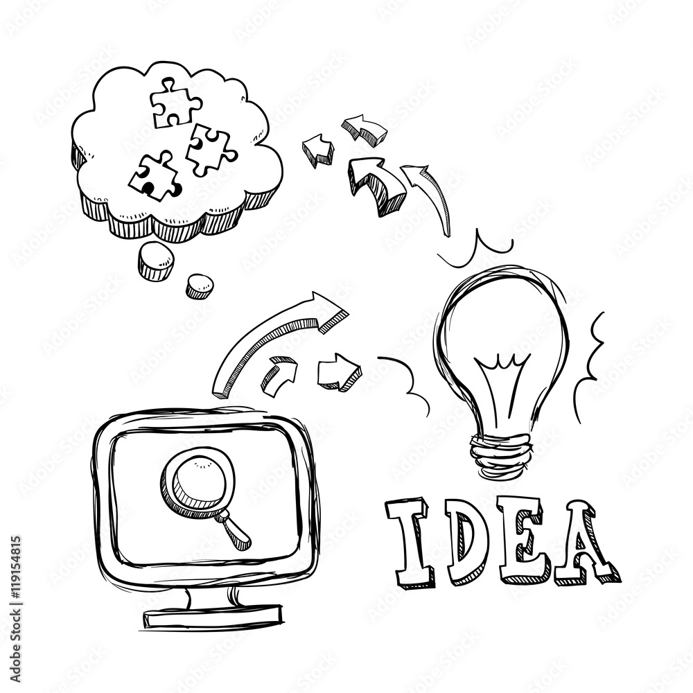 Poster bulb computer lupe puzzle big and great idea creativity icon set. sketch and draw design. vector ill