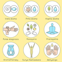 Fototapeta premium Set of vector linear icons with ayurvedic symbols for design. Ayurveda doshas in outline style. Design elements for ayurveda center, ayurveda clinic, yoga studio, spa center. Ayurvedic massage.