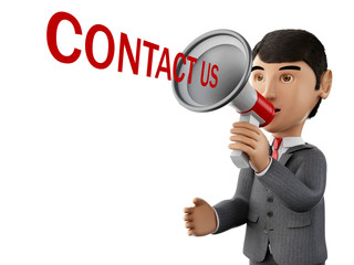 3d Businessman with a megaphone and word contact us.