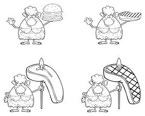 Black And White Smiling Cave Woman Cartoon Mascot Character 1. Collection Set Isolated On White Background