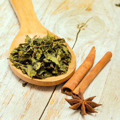 Green Tea Leaves Indicates Drinks Refreshes And Spiced