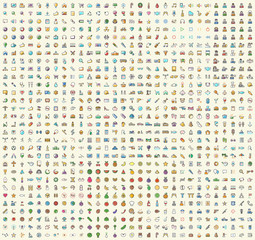 Fototapeta na wymiar Set of 850 Minimalistic Colored Solid Icons. Isolated Vector Elements.