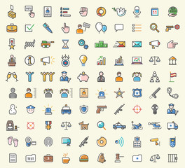 Fototapeta premium Set of 100 Minimalistic Solid Line Colored Political and Police Icons. Isolated Vector Elements.