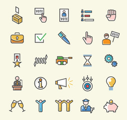 Set of 25 Minimalistic Solid Colored Political Icons. Isolated Vector Elements.