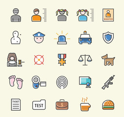 Set of 25 Minimalistic Solid Colored Police Icons. Isolated Vector Elements.