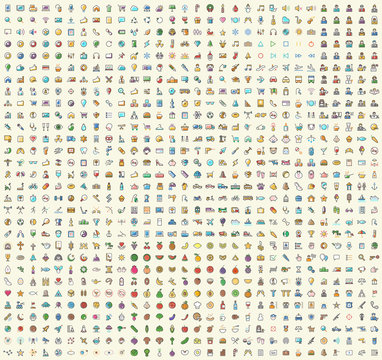 Set of 850 Minimalistic Colored Solid Icons. Isolated Vector Elements.