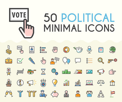 Set of 50 Minimalistic Solid Line Colored Political Icons. Isolated Vector Elements.