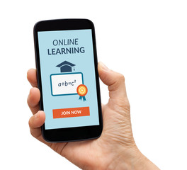 Hand holding smart phone with online learning concept on screen. Isolated on white. All screen content is designed by me