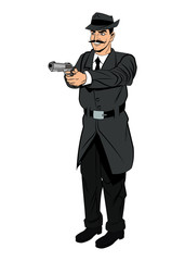 Detective police man gun revolver pop art comic cartoon icon. Colorful and isolated design. Vector illustration