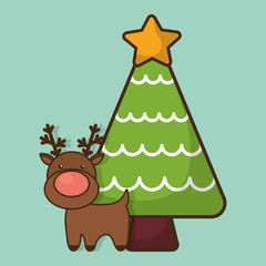 reindeer deer pine tree cartoon merry christmas decoration celebration con. Colorful and flat design. Vector illustration