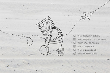 bucket list of travel destination, with trip types ticked off