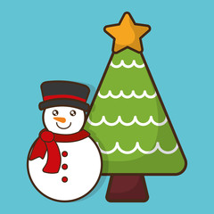 snowman pine tree cartoon merry christmas decoration celebration con. Colorful and flat design. Vector illustration