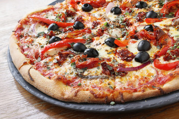 fresh baked spicy Pepperoni pizza