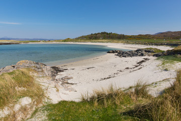 Scottish white sandy beach and clear blue sea Portnaluchaig north of Arisaig west Scotland uk Scottish Highlands
