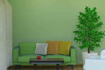 3D rendering of a green living room with a sofa