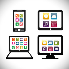 smartphone tablet laptop computer mobile apps application online icon set. Colorful and flat design. Vector illustration