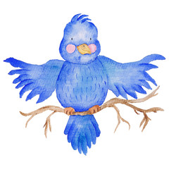 Blue Bird Birds watercolor Hand-painted illustration isolated cute Kids Sweet Baby Invitation Card Bright Colorful