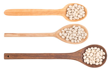 Close up of dry white beans on wooden spoon on white background