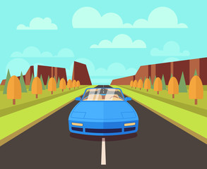 Car on road with outdoor landscape. Vector flat travelling concept background