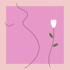 Pregnant woman silhouette with flower on pink background