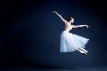 Young ballerina in a beautiful dress is dancing in a dark photostudio - obrazy, fototapety, plakaty
